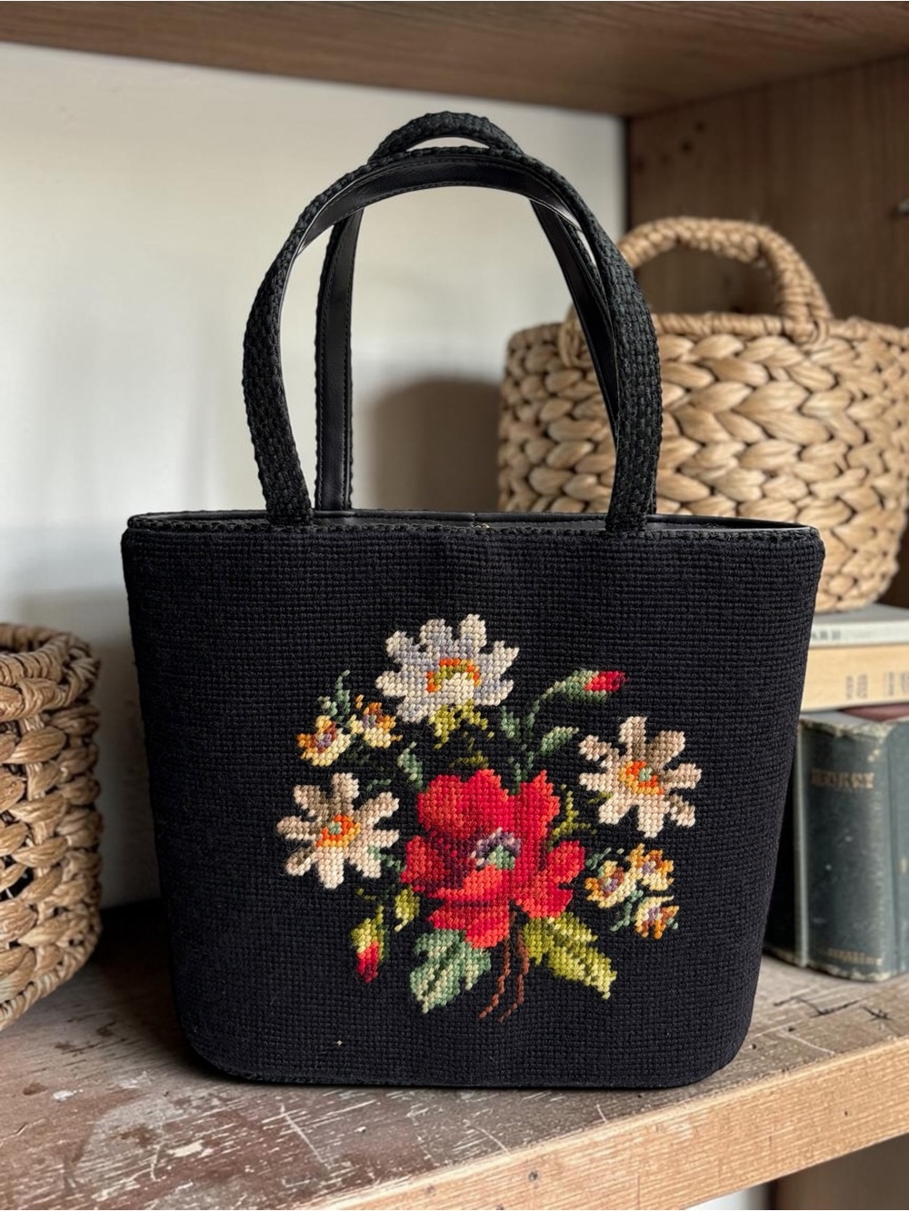 Vintage Black Needlepoint Tote with Red Floral Accent - Picture 4 of 16
